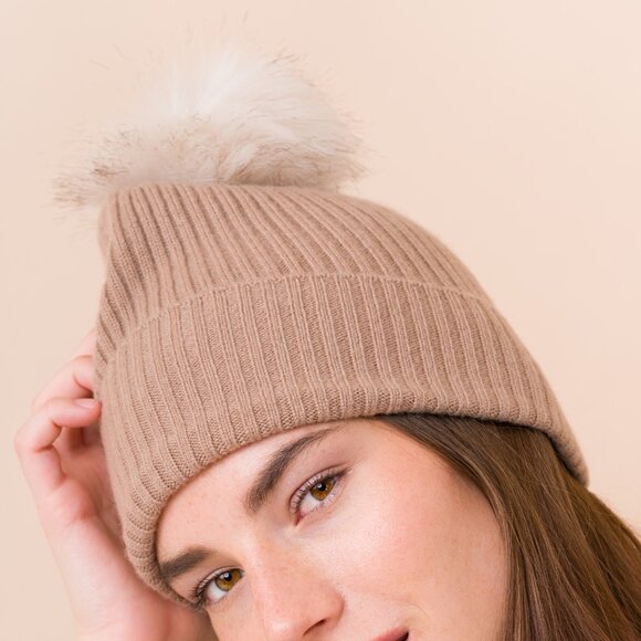 NWT! DongLi - 100% Cashmere Pom Beanie Hat in Camel